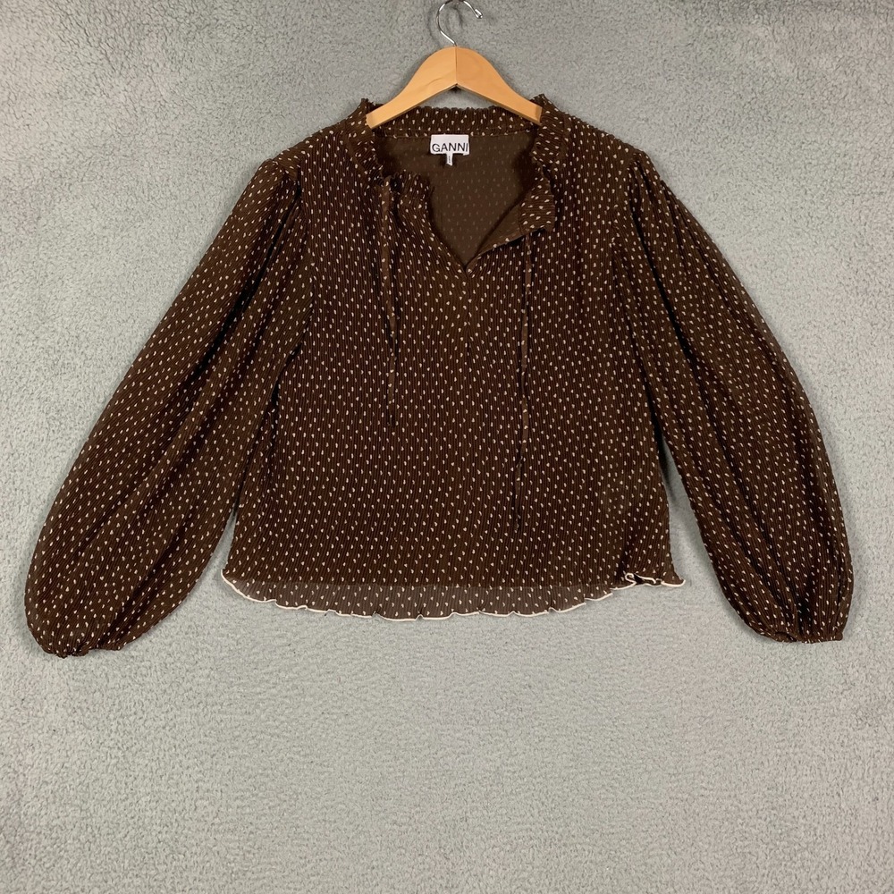 Ganni Blouse Top Women's 38 Brown Pleated Dotted Heart Long Sleeve Georgette
